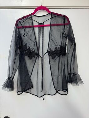 Shirley of Hollywood Black Sheer Mesh Robe with Floral Lace Appliqué